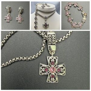 Vintage Premier Designs Silver & Pink Purple Cross Necklace/Bracelet/Earring Set